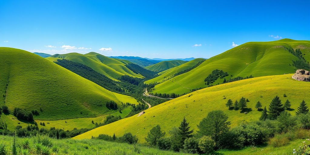 Create a high-resolution image of a serene landscape featuring lush green hills and a clear blue sky, taken with a DSLR camera at f/8 aperture, ISO 100, 24mm lens, in landscape orientation, with soft natural lighting and vibrant colors.