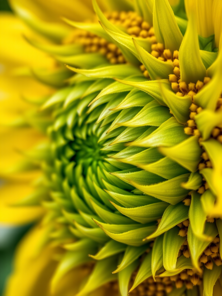 close-up shot of a sunflower bud with intricate green layers and patterns, shallow depth of field, f/2.8 aperture, 50mm lens, ISO 100, natural lighting, taken with a DSLR camera