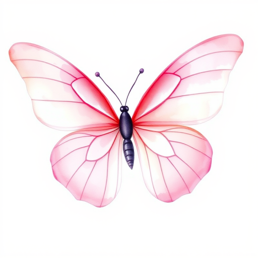 Create a watercolor illustration of a delicate pink butterfly with soft gradient wings, showcasing shades of light pink and cream. The butterfly should be depicted from a side view, highlighting its intricate wing patterns and gentle curves. The background should be minimal to emphasize the beauty of the butterfly.
