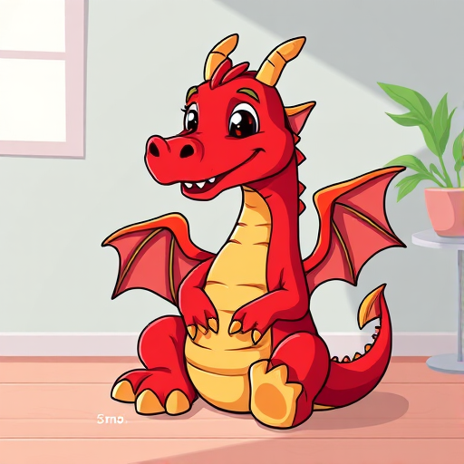 create a vibrant cartoon-style illustration of a friendly red dragon sitting playfully, with bright colors and bold outlines, shot with a Canon EOS R5, using a 35mm lens, f/2.8 aperture, ISO 100, in a well-lit environment for enhanced clarity and detail