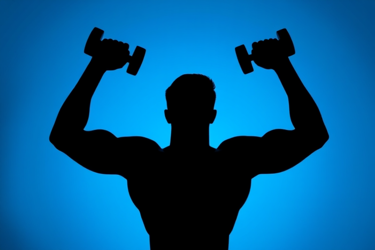 Generate a high-contrast silhouette illustration of a muscular person lifting dumbbells in various poses, use a soft blue background, with a Canon EOS R5, 50mm lens, f/1.8 aperture, ISO 100, and a shallow depth of field for enhanced quality.