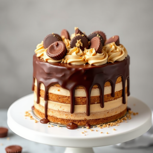 Create an image of a luxurious layered cake with a chocolate ganache drip. The cake should be decorated with swirls of peanut butter frosting and topped with peanut butter cups. Add a sprinkle of crushed peanut butter candy around the top for added texture and detail. The cake should be presented on a cake stand, with a focus on rich, indulgent textures and colors.