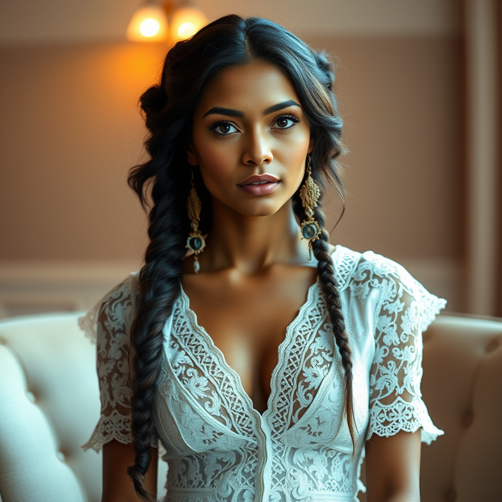 Create a portrait of a refined and elegant Native American woman seated in a sophisticated setting. She has long, wavy hair styled in two thick braids that are pulled over her shoulders. She wears a white, lace gown with intricate patterns, featuring a deep V-neckline and short sleeves. The dress exudes a vintage charm with its delicate lacework. She is adorned with ornate, dangling earrings that add a touch of glamour to her appearance. The background is softly lit, with warm, ambient lighting that creates a cozy and inviting atmosphere. Her expression is poised and serene, capturing a sense of grace and elegance.