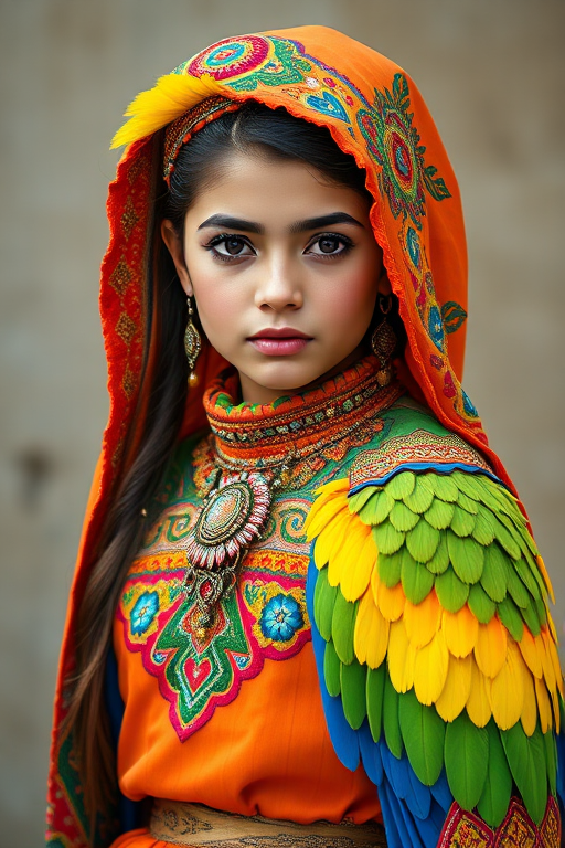 A beautiful Middle Eastern girl, wearing colorful bird clothing with vibrant colors