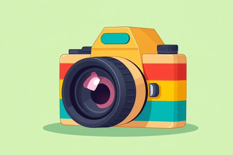 Create a high-resolution digital illustration of a colorful cartoon camera with a large lens, set against a light green background, using a flat design style, captured with a virtual camera type at 50mm focal length, f/8 aperture, ISO 100, and a slight vignette effect for depth.
