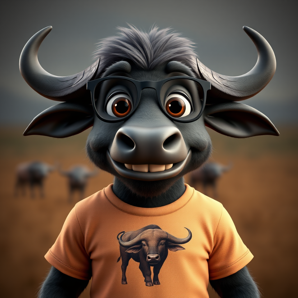 Hyperrealistic 3D render of a smiling cartoon Cape Buffalo wearing glasses and a beige t-shirt with a smaller buffalo image printed on it, missing some teeth, set against a blurred African savanna background, detailed fur, 8k resolution, octane render, artstation trending.