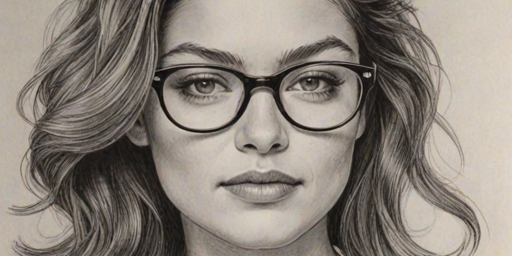Magnificent Alexa Davalos, pencil sketch, portrait of Ravishing woman 1953s in glasses, hair style beatnik, outline, clear lines, fine lines, 8k