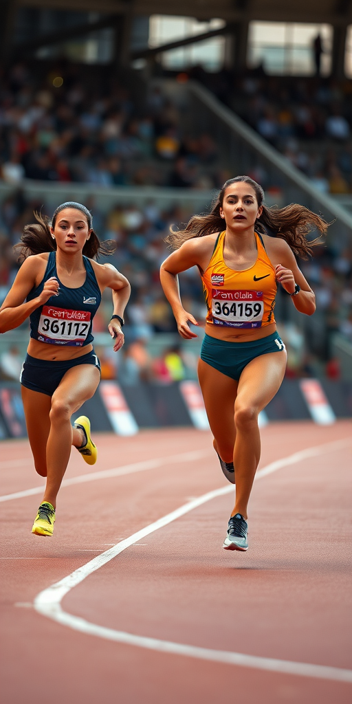 Capture a high-resolution image of two female sprinters competing in a track event, shot from a low angle with a 50mm lens at f/2.8, ISO 200, capturing dynamic movement and facial expressions against a blurred crowd background, using a Canon EOS R5 camera.