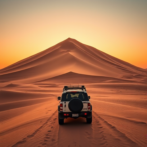 Capture a dramatic desert scene with a vehicle facing towering sand waves during sunset, settings: f/8 aperture, ISO 200, 1/500 sec shutter speed, using a wide-angle lens, in landscape orientation, DSLR camera, high dynamic range for enhanced details and vivid colors.