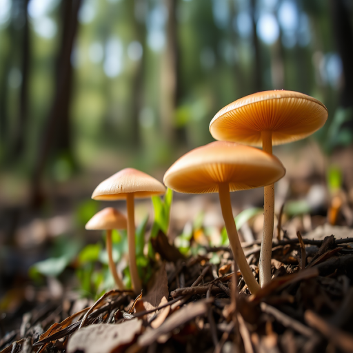 mushrooms in a forest, soft focus background, natural lighting, macro lens, aperture f/2.8, shutter speed 1/250, ISO 100, taken with a DSLR camera, close-up view