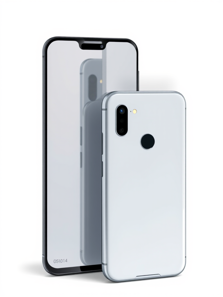 Create a detailed and realistic digital drawing of a modern smartphone, front and back view, with a high-resolution finish, using a DSLR camera type, set to f/2.8 aperture, ISO 100, 1/60 shutter speed, in soft natural lighting, with a slight depth of field.