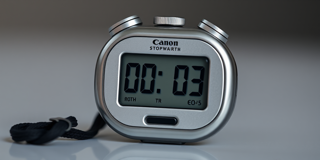 Create a high-resolution image of a digital stopwatch displaying 00:00:03 with a sleek silver design, using a Canon EOS R5 at f/2.8, ISO 100, 1/200 sec, in a close-up shot, with soft side lighting to enhance reflection and depth.