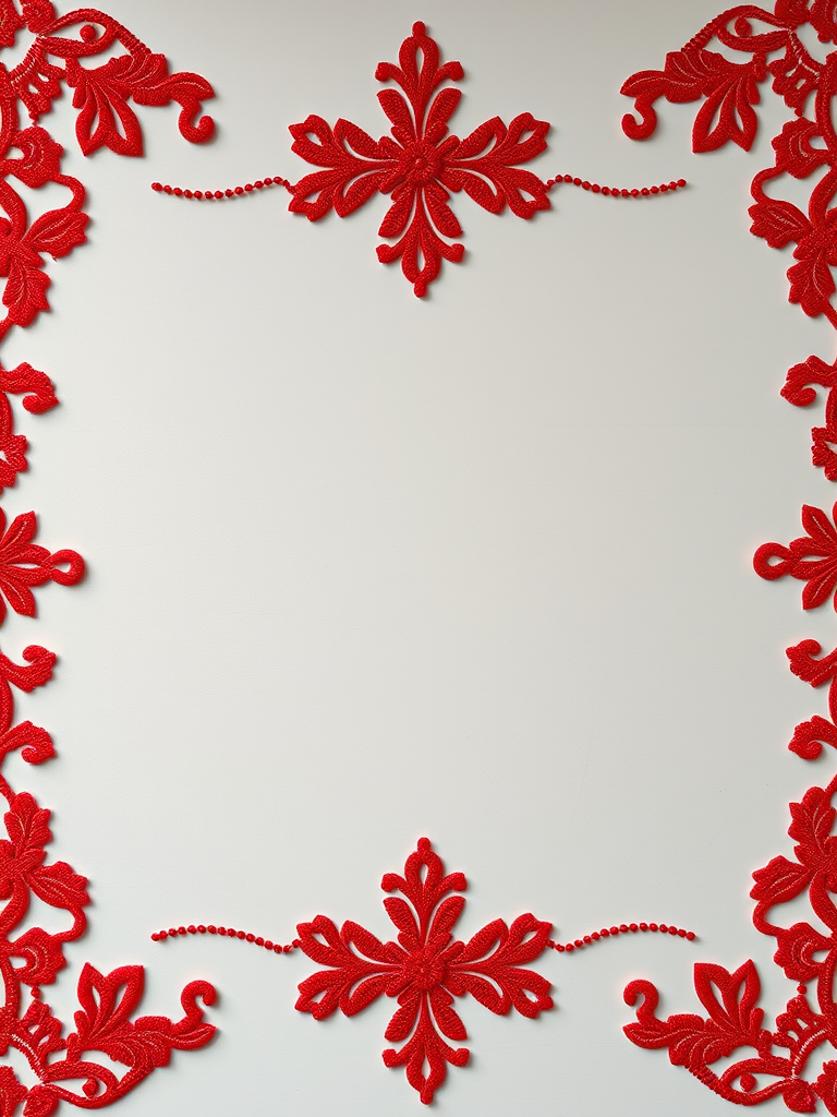 Create a decorative frame with intricate red lace patterns, using a Canon EOS R5 at f/2.8, ISO 100, 1/50s, shot from a top-down view for flat lay style.