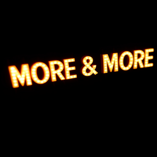 Create an image of glowing text that reads "MORE & MORE" in a fiery style, using a DSLR camera with a 50mm lens at f/1.8, ISO 100, and shutter speed of 1/200s, shot from a medium close-up view with a black background to enhance contrast and clarity.