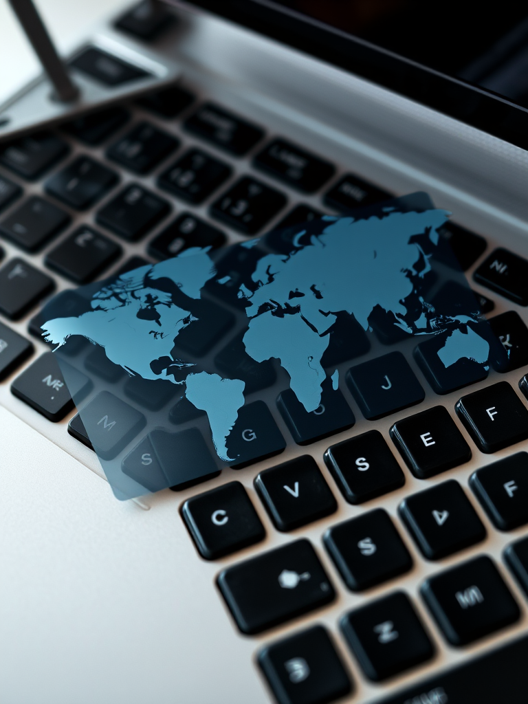 Create an image of a computer keyboard with a translucent world map overlay, using a DSLR camera with a 50mm lens, f/1.8 aperture, ISO 100, shot from a top-down angle, in natural lighting to enhance detail and clarity.