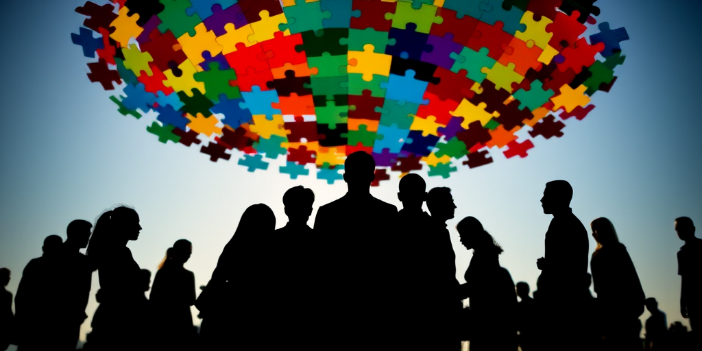 Create an image of diverse silhouettes of people standing together under a colorful puzzle piece dome, using a DSLR camera with a 50mm lens, aperture f/2.8, ISO 100, and a shallow depth of field to enhance image quality.