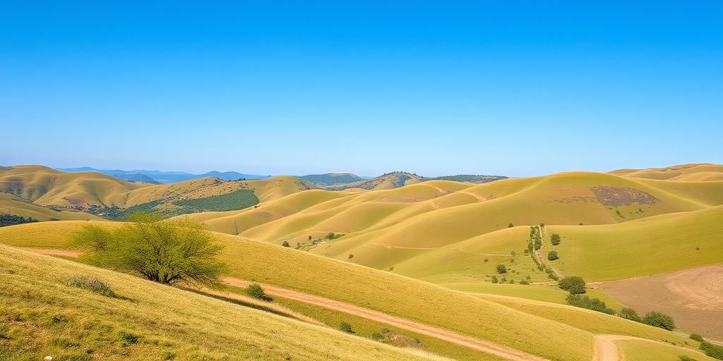 Create a high-resolution image of a serene landscape featuring rolling hills under a clear blue sky, using a Canon EOS R5, 35mm lens, f/8 aperture, ISO 100, with a 1/250s shutter speed, in landscape orientation, capturing vibrant colors and sharp details.
