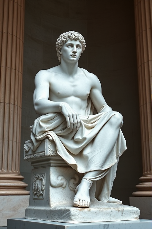 Capture a high-resolution image of a classic marble statue of a seated figure with a contemplative expression, using a DSLR camera with a 50mm lens at f/2.8, ISO 100, and a shutter speed of 1/200s, with natural lighting to enhance details and textures, taken from a low angle for dramatic effect.