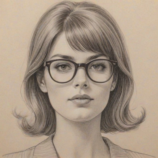Alluring Hannah Arterton, pencil sketch, portrait of Comely woman 1963s in glasses, hair style beatnik, outline, clear lines, fine lines, 8k