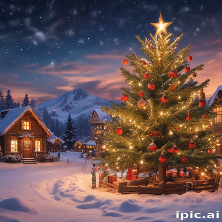 Charming Winter Village with a Festively Decorated Christmas Tree Under ...