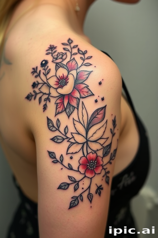 Whimsical dot work tattoo titled "Enchanted Garden" showcasing intricate floral patterns and tiny woodland creatures hidden within the design, creating a dreamlike and ethereal atmosphere on the shoulder blade