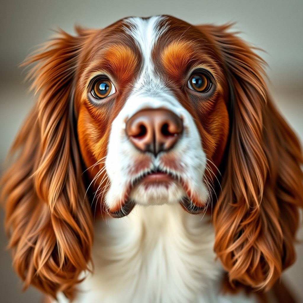 Regenerate a high-resolution image of a close-up portrait of a brown and white springer spaniel with detailed fur texture and expressive eyes, shot with a Canon EOS R5, 85mm f/1.4 lens, aperture set to f/1.4, at ISO 100, in soft natural light with a shallow depth of field.