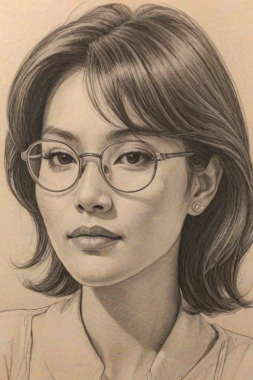 Enchanting Lynn Chen, pencil sketch, portrait of Magnificent woman 1976s in glasses, hair style beatnik, outline, clear lines, fine lines, 8k