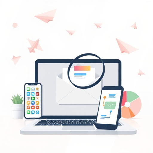 create a digital illustration of a laptop displaying an email, a smartphone with app icons, a magnifying glass hovering over the email, a pie chart, and paper airplanes in the background, using a clean flat design style, with soft pastel colors, shot with a 50mm lens, aperture f/1.8, ISO 200, in natural soft lighting.