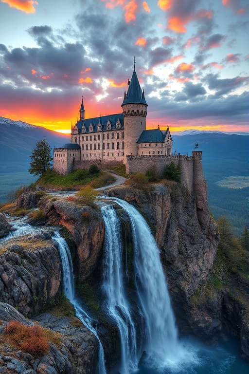 Regenerate an image of a majestic castle on a rocky cliff with a waterfall cascading down, vibrant sunset glow in the background, shot with a DSLR camera at f/8 aperture, ISO 100, 24mm wide-angle lens, in landscape mode, using HDR techniques for enhanced detail and clarity.