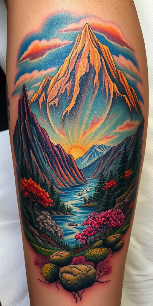 Photorealistic color tattoo named "Living Landscape" showcasing a breathtaking natural scene with incredible detail, depth, and vibrant colors that appear three-dimensional