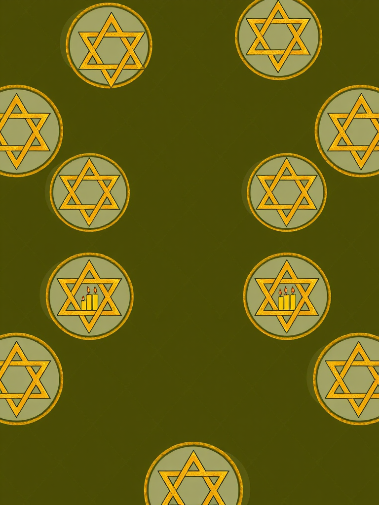 Create a seamless pattern featuring golden Star of David symbols within transparent circles, alternating with illustrations of candles, set against a dark olive-green diamond background, shot with a DSLR camera at f/8 aperture, ISO 100, 50mm lens, in soft natural lighting for enhanced texture and detail.
