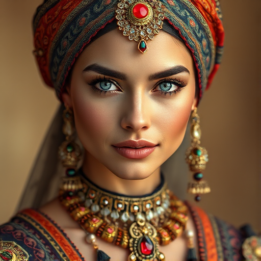 Create a portrait of a beautiful Hispanic woman with striking white eyes and a gentle expression. She is adorned in traditional attire with intricate patterns, including a richly embroidered headscarf and matching garments. Her jewelry includes a delicate headpiece, dangling earrings, and ornate bracelets, all featuring vibrant gemstones and detailed metalwork. The background is soft and warm, enhancing the rich colors of her outfit and jewelry.