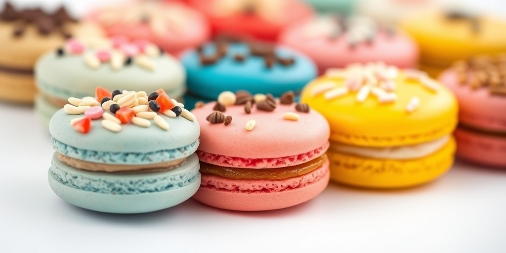 macro shot of colorful macarons with assorted toppings on a white background, aperture f/2.8, ISO 200, shutter speed 1/200s, natural light, DSLR camera, shallow depth of field, vibrant colors
