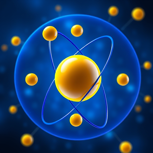 Create a high-resolution vector image of an atom with blue electron orbits and yellow protons, using a digital illustration style, 4k resolution, with a perspective view, ISO 100, f/8, 1/100 sec exposure time.