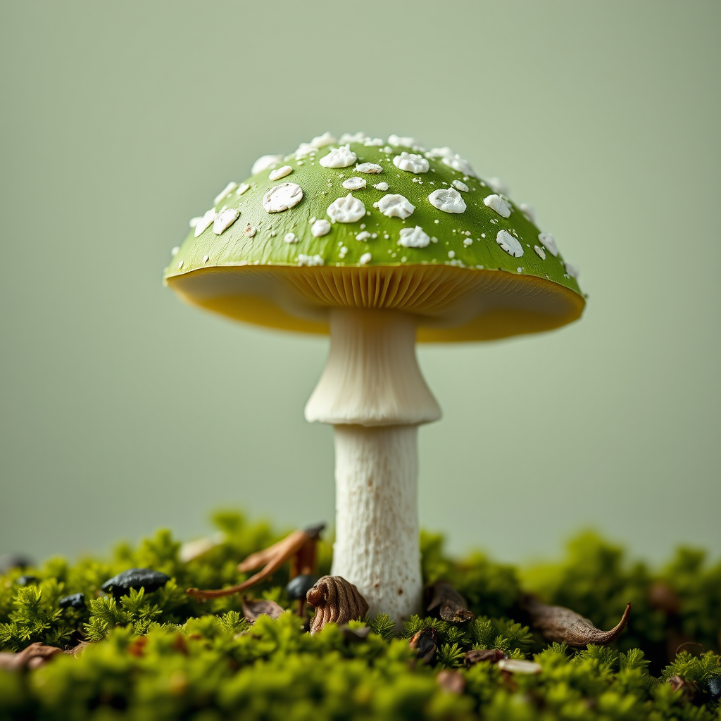 Regenerate a vibrant green mushroom with white spots against a transparent background, use a Canon EOS 5D Mark IV, 50mm lens, f/2.8 aperture, ISO 100, shoot from a low angle for depth, and apply soft lighting to enhance colors.