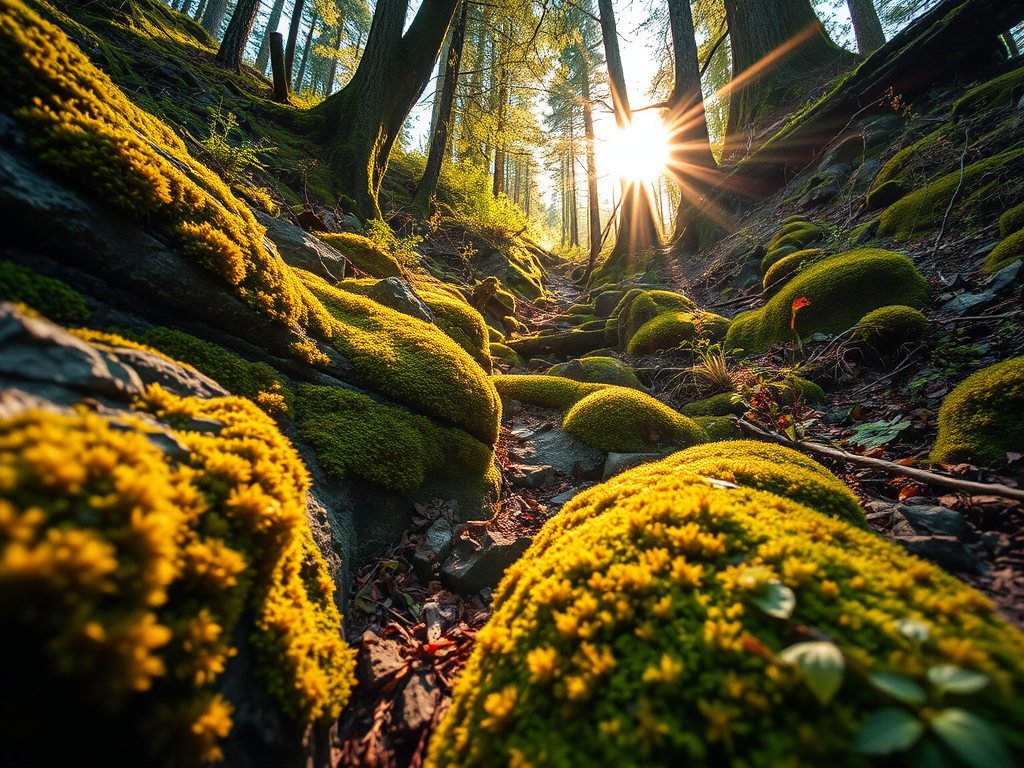 Create a lush forest scene featuring vibrant moss-covered rocks and plants bathed in warm sunlight, captured with a DSLR camera at f/2.8 aperture, ISO 100, 50mm lens, in a wide-angle perspective to enhance depth and detail.