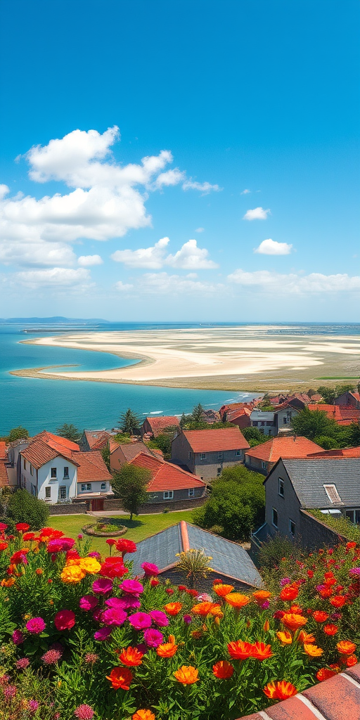 Capture a panoramic view of a coastal village with a foreground of vibrant flowers and rooftops, a vast sandy beach and estuary in the background, under a bright blue sky with scattered clouds, use a DSLR camera set to ISO 100, aperture f/8, shutter speed 1/250 sec, with a wide-angle lens for enhanced depth and clarity.