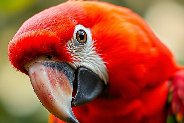 high-resolution close-up of a vibrant red parrot with green accents, soft natural lighting, 50mm lens, aperture f/2.8, ISO 200, shallow depth of field, photography captured on a DSLR camera