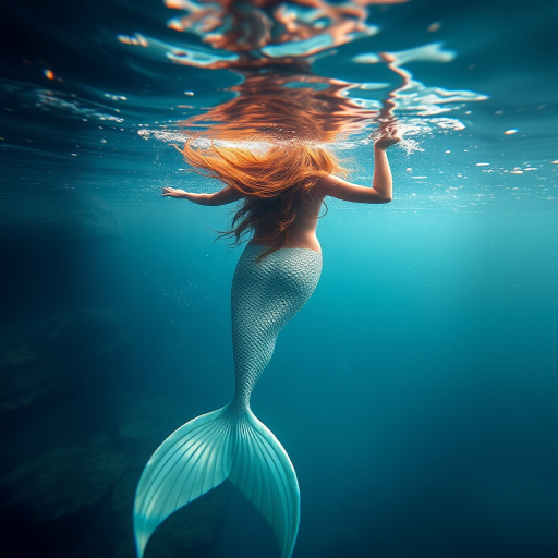 Create an underwater scene featuring a beautiful mermaid with long flowing hair and a shimmering tail, shot with a Canon EOS R5 at f/2.8, ISO 100, 1/125 sec, using a wide-angle lens in a soft light style to enhance the ethereal quality of the water.