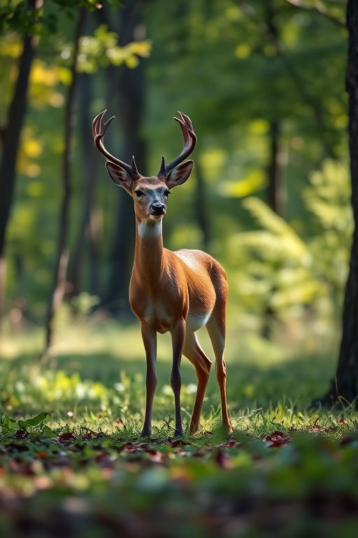 Capture a serene scene of a deer standing gracefully in a lush green forest with soft sunlight filtering through the trees, using a Canon EOS R5, 85mm lens, f/2.8 aperture, ISO 100, shooting in portrait orientation, focus mode set to single-point AF for enhanced detail.