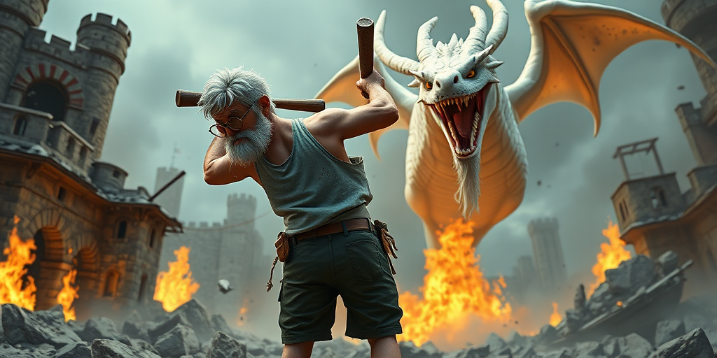 Cartoon 3D High-Resolution,dynamic battle scene using Unreal Engine 5 and Octane Render. The scene features back of an elderly, thai man with a beard,messy hair and round golden-rimmed glasses. He is wearing a tattered tank top with soot marks, shorts, and sandals. sweating. he wields a baseball bat. He jump to fight with a white fire-breathing Europe dragon amidst a partially destroyed stone castle. Include intense flames, smoke, and debris to enhance the dramatic effect.