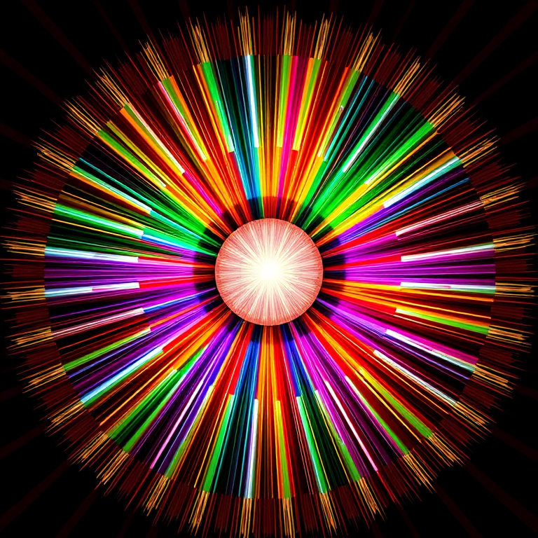 Create an abstract design of a colorful sunburst with vibrant rays of multiple colors radiating from a central circle, shot with a DSLR camera at ISO 100, f/8, 1/200s shutter speed, using a wide-angle lens from a low angle to enhance depth and clarity.