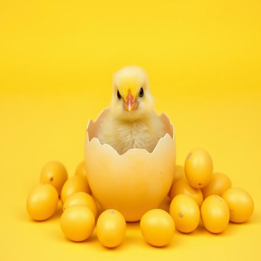 a cute chick emerging from a yellow eggshell surrounded by small yellow eggs on a bright yellow background