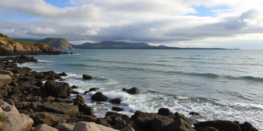 Capture a coastal scene featuring gentle waves lapping against rocky shores, with a backdrop of rolling hills and cloudy skies; use a DSLR camera, aperture f/8, shutter speed 1/250 sec, ISO 100, focal length 24mm, landscape orientation, and a polarizing filter for enhanced color and contrast.