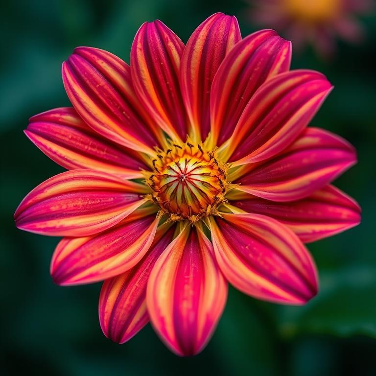 Create an illustration of a stylized flower with vibrant colors and intricate details, shot with a Canon EOS 5D Mark IV, 50mm f/1.8 lens, aperture set to f/2.8, ISO 100, in a macro view to emphasize texture and depth.