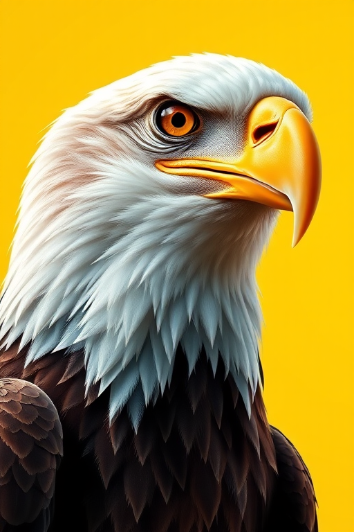 Regenerate a high-resolution digital illustration of a bald eagle with a vibrant yellow background, captured using a DSLR camera at f/8 aperture, 1/500 shutter speed, 100 ISO, in portrait view, with a focus on detailed textures and colors, using a macro lens for enhanced clarity.