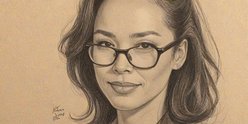 Stunning Irene Bedard, pencil sketch, portrait of Attractive woman 1947s in glasses, hair style beatnik, outline, clear lines, fine lines, 8k