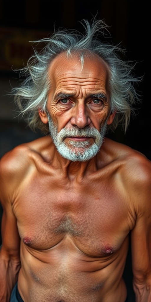 shirtless old man