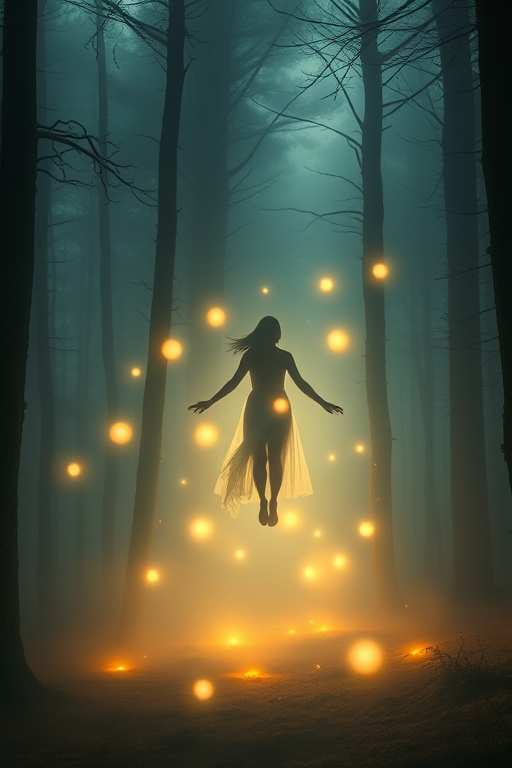 Create a mystical scene in a foggy forest with a levitating figure surrounded by glowing orbs, using a Canon EOS R5 with a 24-70mm lens at f/2.8, ISO 200, shutter speed 1/60s, capturing a wide-angle view with a soft focus background to enhance the ethereal atmosphere.