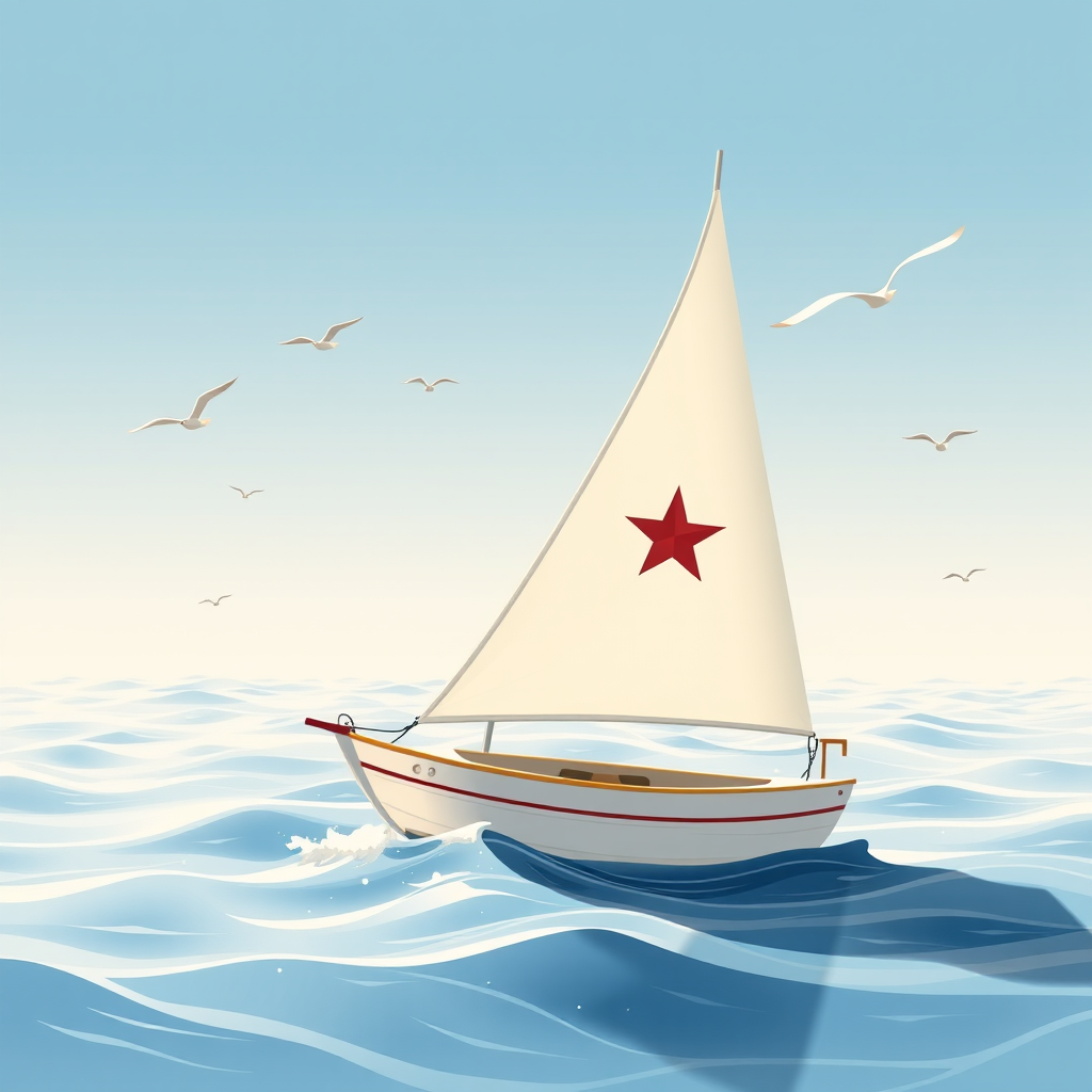 Create a high-resolution illustration of a simple sailboat with a star on its sail, surrounded by wavy water and flying birds, using a DSLR camera with a 50mm lens, aperture set to f/2.8 for a shallow depth of field, ISO 100, and natural sunlight for even lighting.